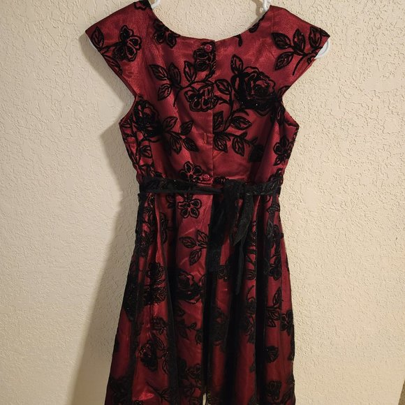 Jona Michelle Floral Dress size 12 Polyester Wide Strap Velvet Flocked Red Black - Picture 3 of 6